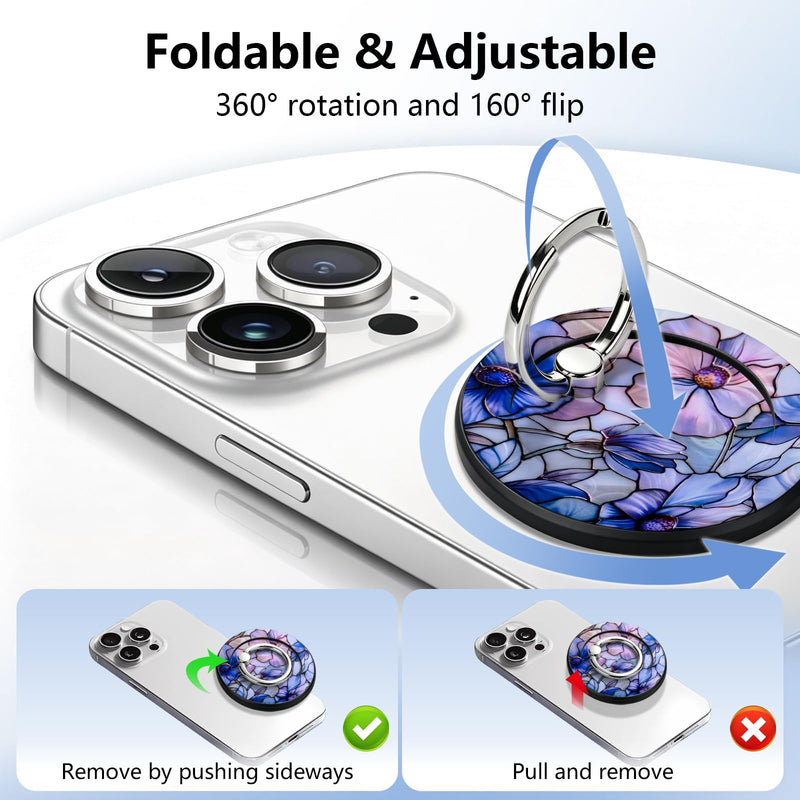 Magnetic Phone Ring Holder with MagSafe, 360° Rotation Super Magnet Finger Grip Removable Kickstand, Cute Stained Glass Floral Designed Stand for iPhone 17 16 15 14 13 12 Pro Max Plus, Purple Flower