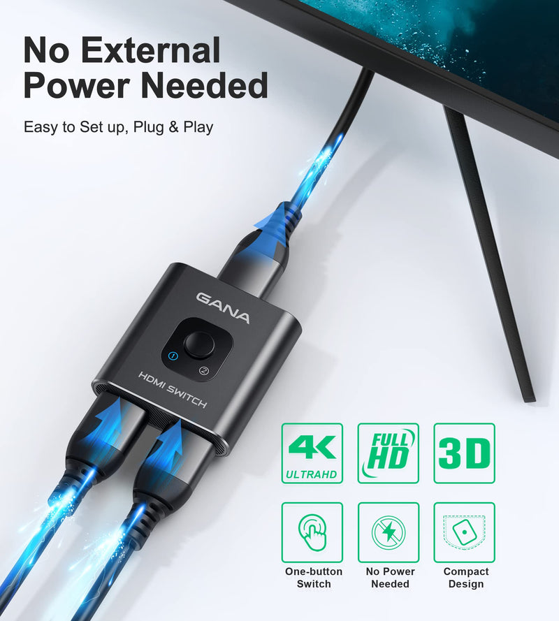 [AUSTRALIA] - HDMI Switch 4k@60hz Splitter, GANA Aluminum Bidirectional HDMI Switcher 2 in 1 Out, Manual HDMI Hub Supports HD Compatible with Xbox PS5/4/3 Blu-Ray Player Fire Stick Roku Dark Black 