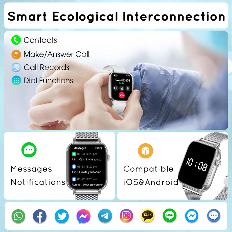 x2 Smart Watch, 1.83" & 1.43" HD with Calls and Messages/Heart Rate/Sleep/Female Cycle,Fitness Tracker Smartwatch for Android/iOS Compatible,Silver & White