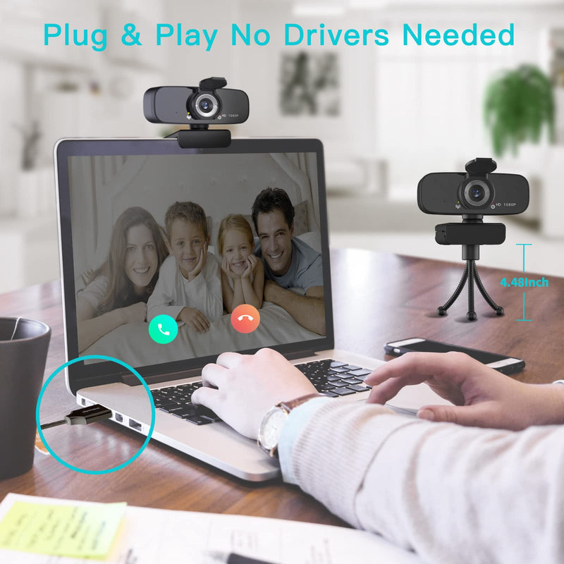 1080P HD Webcam with Microphone for Desktop, USB Computer Camera with Web Cam Cover&Web Camera Stand, 110-degree Wide Angle Streaming Webcam for PC Zoom/Video Calling/Gaming/Laptop/Conferencing Black