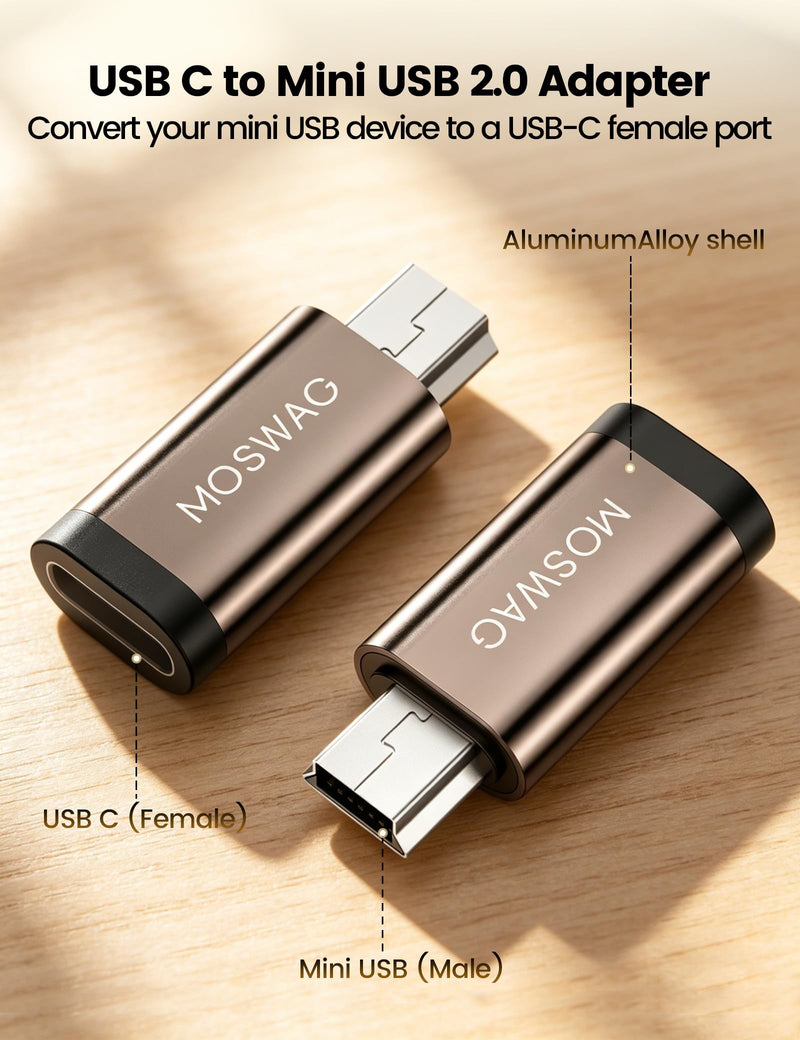 MOSWAG USB-C to Mini USB Adapter 2 Pack, 480M, 2.4A, GPS, GoPro, Camera | USB-C female to Mini USB male, charge & sync, 480Mbps, 2.4A, aluminum, compact, for Garmin, Canon, PS3, GPS, travel
