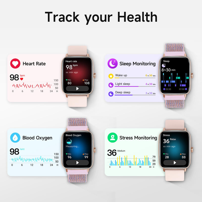 Smart Watch for Women, 1.85" HD Smartwatch Compatible iPhone/Samsung/Android (Answer/Make Calls), 100+ Sport Modes Fitness Tracker with Heart Rate/Sleep/SpO2 Monitor, IP68 Waterproof, with 2 Bands Rose Gold/ 2 Band