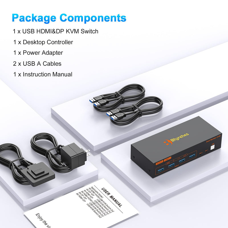 HDMI+Displayport KVM Switch 2 Monitors 2 Computers, 4K@60HZ Dual Monitors | Dual Computers KVM Switcher for 2 PC Share Mouse Keyboard and 2 Screens,with 4 USB3.0 Ports, Wired Controller,Power Adapters Deep black 13.9 cm 4K HDMI + DP 2 IN 2 OUT