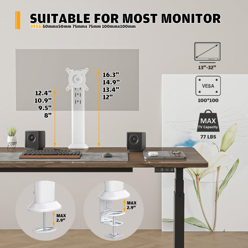 Hemudu Single Desk Monitor Arm Mount Stand Fit for 13 inch to 32 inch Flat Curved Computer Screen with Swivel, Height Adjustable, Rotation,Holds up to 77lbs, White 13-32 inches