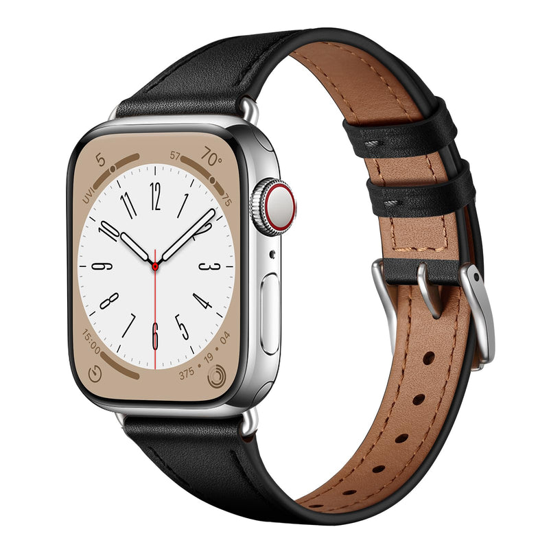 XCCYBTT Slim Leather Bands Compatible with Apple Watch Band 42mm 41mm 40mm 38mm, Genuine Leather Replacement Band for iWatch Series 10/9/8/7/6/5/4/3/2/1/SE Women, Black/Rose Gold and Black/Silver