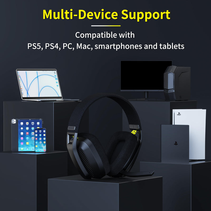 BINNUNE 2.4GHz Wireless Gaming Headset with Mic for PS5, PS4, PC, Mac, Playstation 4 5, Bluetooth Gaming Headset with Flip Microphone, Gaming Headphones for Laptop Computer, Black