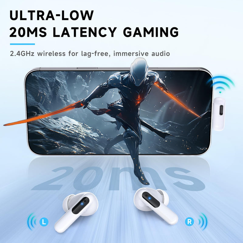 RYR Wireless Gaming Earbuds with Noise Cancelling Mic, 2.4Ghz & Bluetooth | 20ms Low Latency, LED Display, 36H Playtime for Meta Quest 3/2, PS5, PS4, VR, Switch, Steam Deck, PC, Phone White