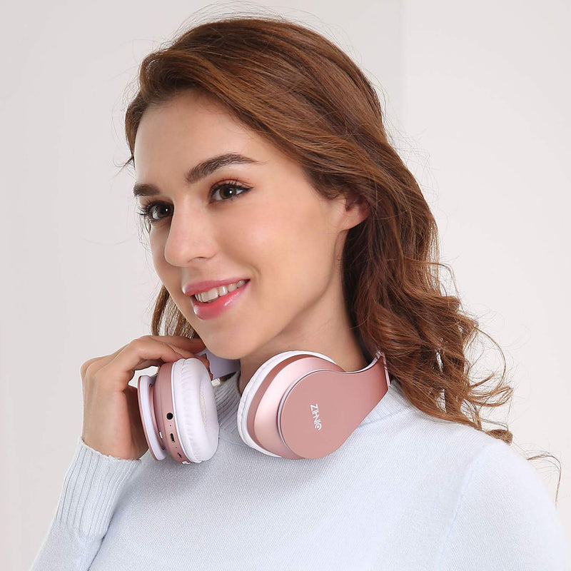 Bluetooth Headphones Over-Ear, Zihnic Foldable Wireless and Wired Stereo Headset Micro SD/TF, FM for Cell Phone,PC,Soft Earmuffs &Light Weight for Prolonged Wearing(Rose Gold) Rose Gold