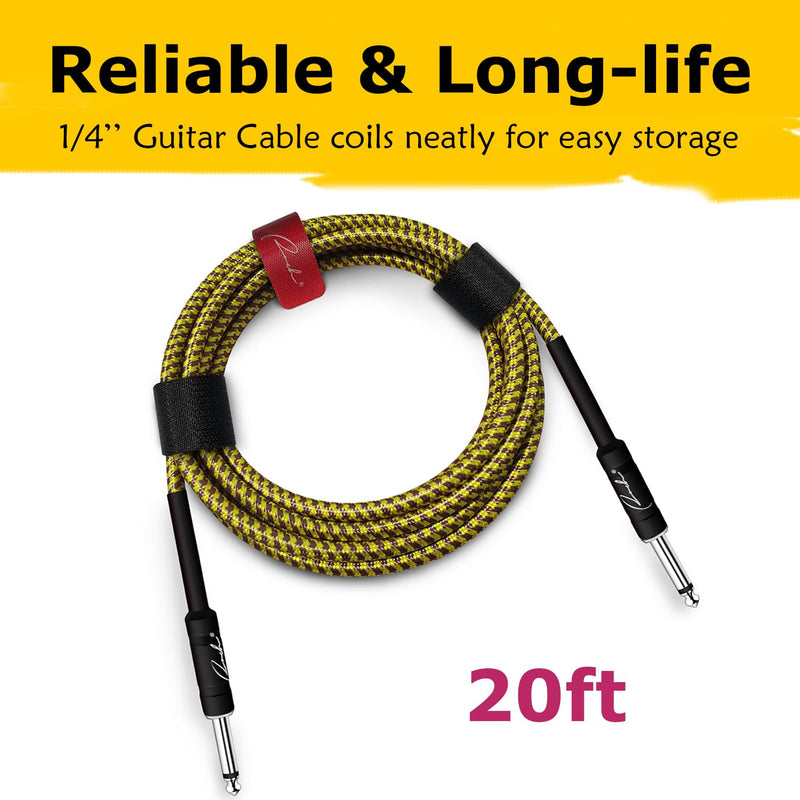 Ranch Guitar Cable 20 ft Coild Electric Instrument Cables Bass AMP Cord 1/4 Straight to Straight for Electric, Bass Guitar, Mandolin, Pro Audio - Gold 20FT