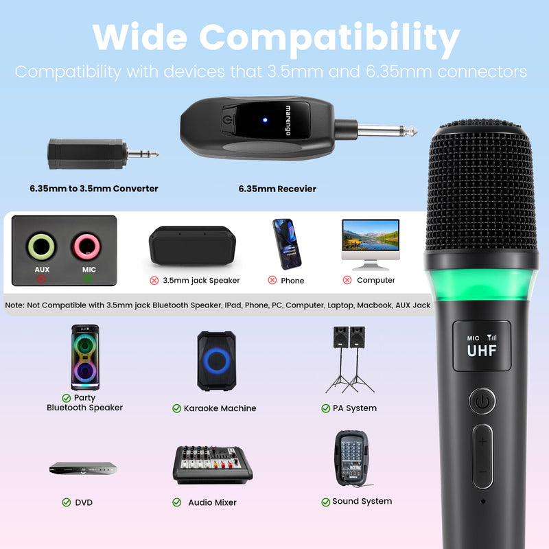 Wireless Microphones, Rechargeable Cordless Karaoke Microphone with One-to-One Chip Connection, LED Lights, 40H Duration, 200FT, Handheld Bluetooth Microphone Wireless for Singing,Speech,Church,Party
