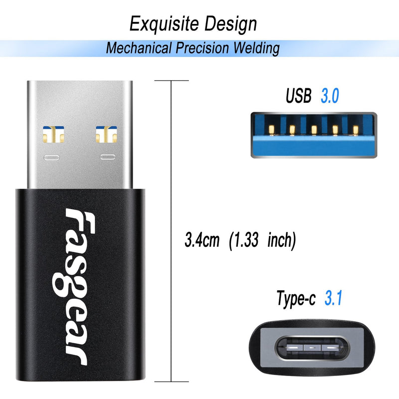 USB C Female to USB 3.1 Male Adapter 10Gbps & 3A Fast Charging - 2 Pack Fasgear Type A to Type C Adapters Double-Side Data Sync Compatible for i-Pad, Tablet,Laptop,PC,Charger,Power Bank,Quest Link 2 x Black