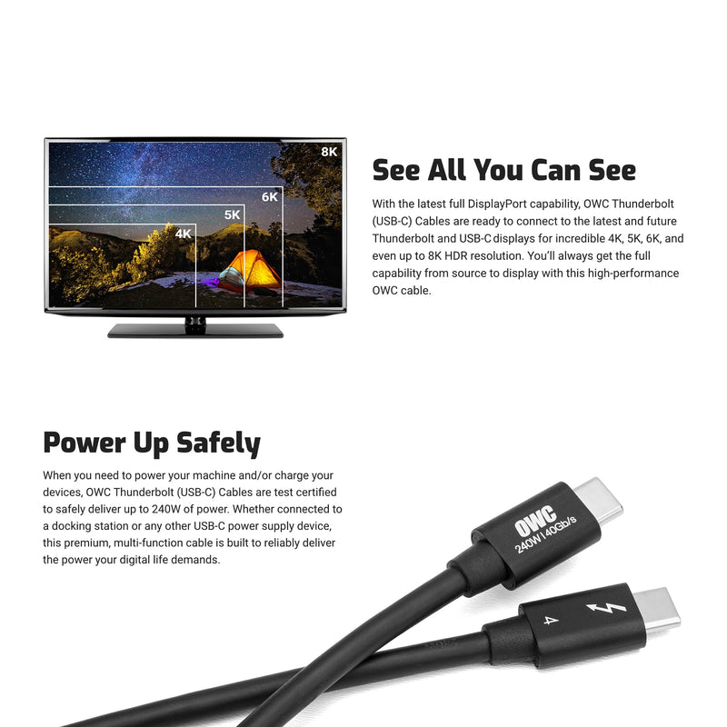 OWC Thunderbolt 4 Active USB-C Cable 40Gb/s 100W 2.0M (78in) | Active cable full 40Gb/s over longer runs - 100W charging - 8K display support - Compatible with Thunderbolt 4/3, USB4, USB-C 78.74 Inches