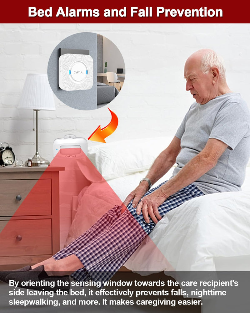 [AUSTRALIA] - CallToU Bed Sensor Alarm and Fall Prevention for Elderly/Dementia/Patient Wireless Caregiver Pager Motion Sensor Alarms System Motion Detector Alert Monitor System 500+FT, Bed Alarm for Elderly Adult 1 Receiver+ 2 Motion Sensors 