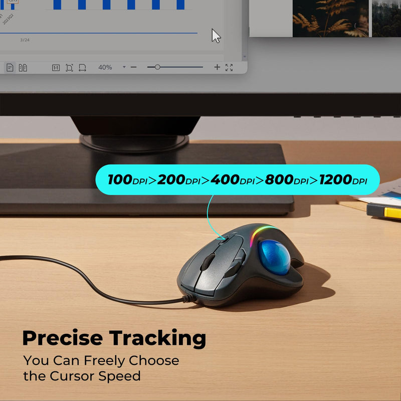 Wired Trackball Mouse with RGB Lighting, Ergonomic Thumb Control to Reduce Muscle Strain, 5 Adjustable DPI, Dual USB-C & USB-A Connectivity, Compatible with PC, Laptop, Mac, Windows-Blue A-Blue