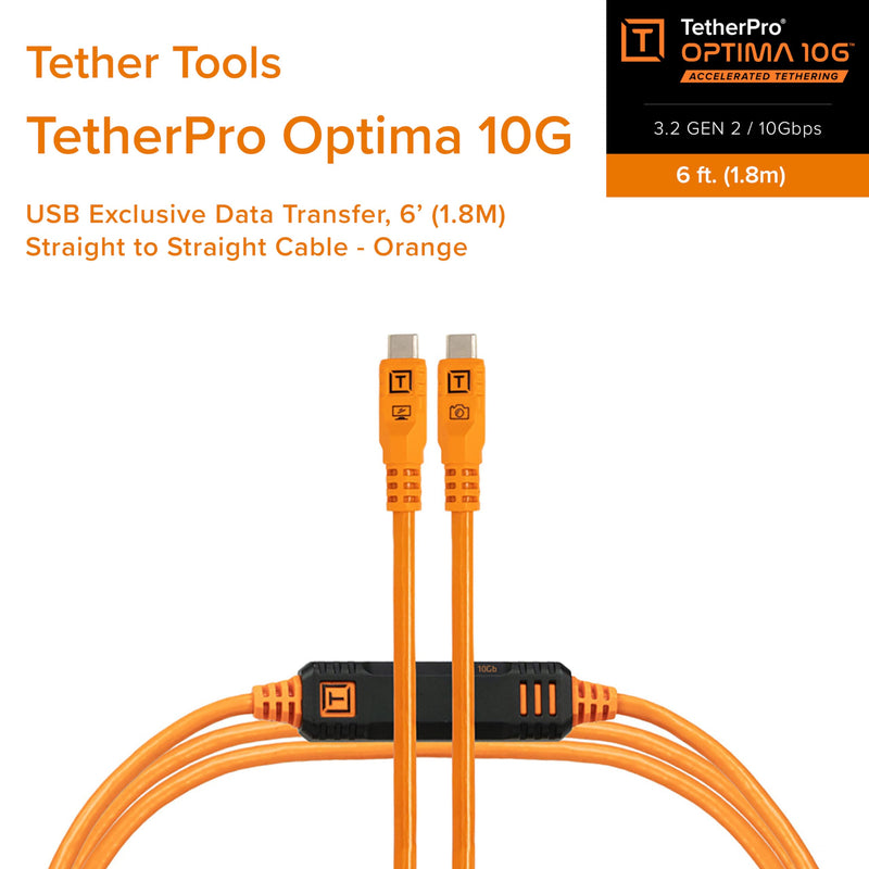 Tether Tools TetherPro Optima 10G USB-C Exclusive Data Transfer, 6’ (1.8m) Straight to Straight Cable - Orange | 10Gbps USB-C 3.2 Gen 2 cable with strain-relief and kink-proof casing for photography, tethering and data transfer 6' (1.8m)