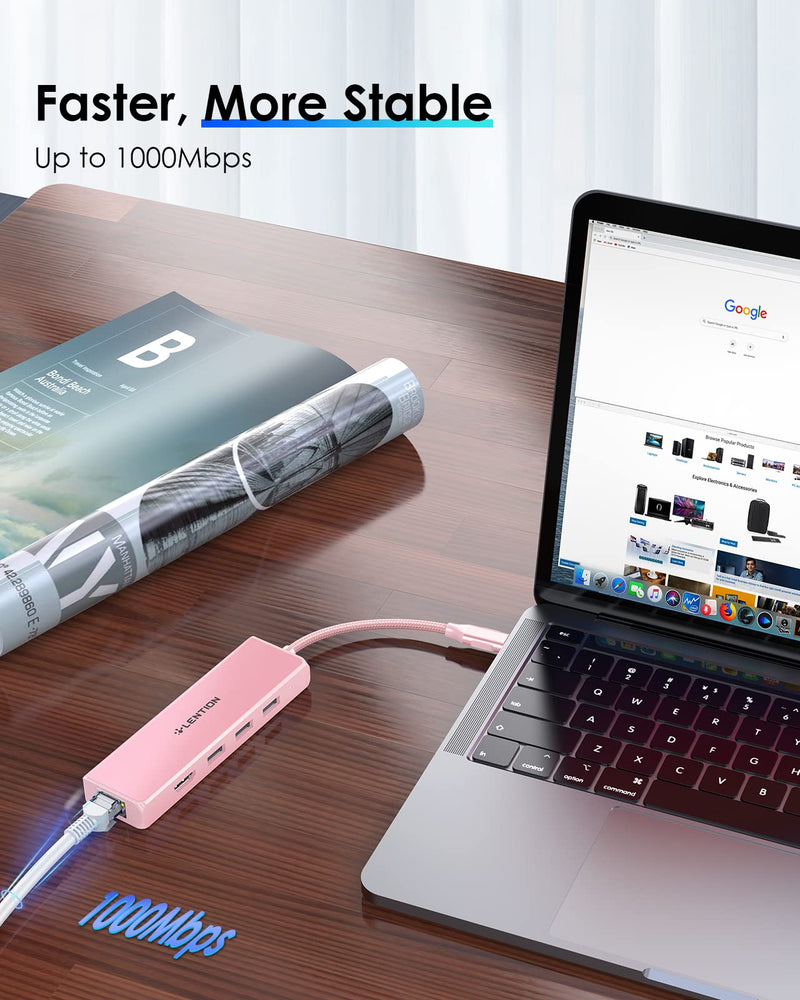LENTION USB C Hub with Gigabit Ethernet Adapter, 4K HDMI, 3 USB 3.0 Dongle for 2022-2016 MacBook Pro 13/14/15/16, New Mac Air & Surface, Chromebook, More, Stable Driver Certified (CB-C25, Rose Gold)