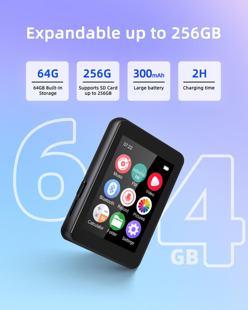 [AUSTRALIA] - 64GB MP3 Player with Bluetooth 5.3, Portable Music Player 2.4" Full Touchscreen with Speaker, FM Radio, Voice Recorder, E-Book (Earphones Included) 