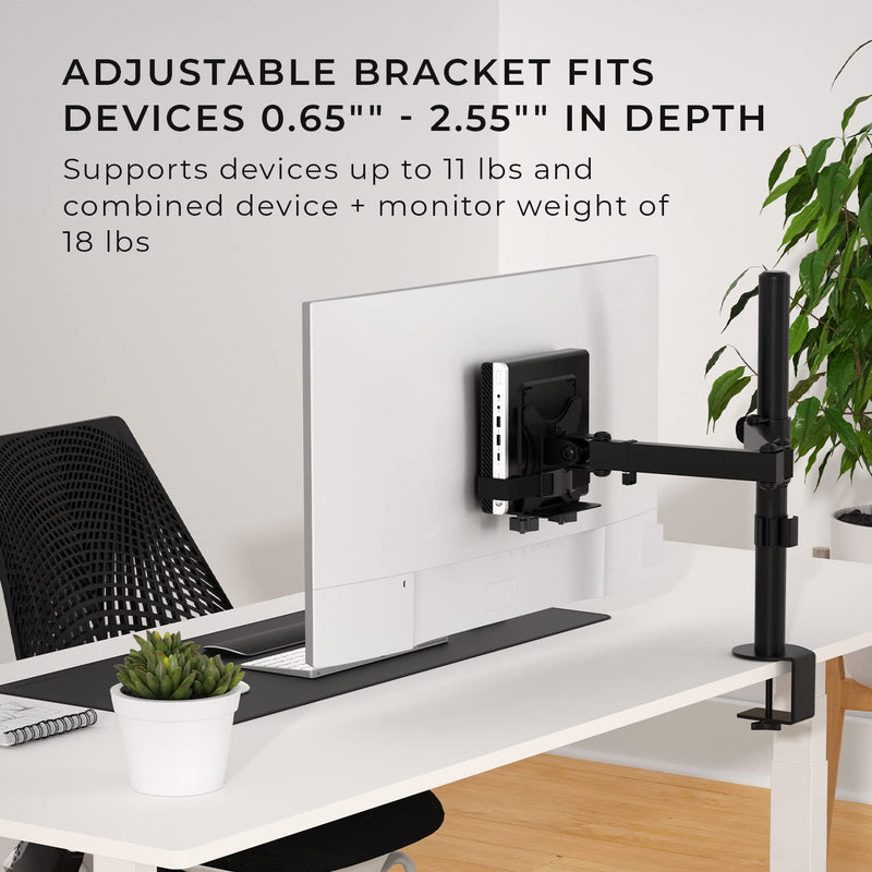 HumanCentric Thin Client Mount Bracket Mini PC VESA Monitor Arm, Under Desk | Fits Devices 0.65–2.55" Depth, Mounts to Pole or Surface, Compatible with 75x75 & 100x100mm VESA Patterns