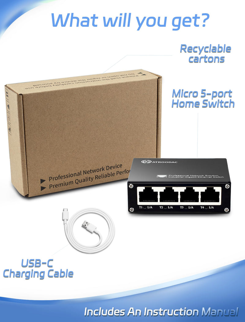 Mini 5 Port Gigabit Ethernet Switch, USB-C Powered, Plug & Play | Unmanaged Network Switch, 10/100/1000 Mbps, Fanless Metal Design, Desktop Network Hub for Home/Office Network Expansion