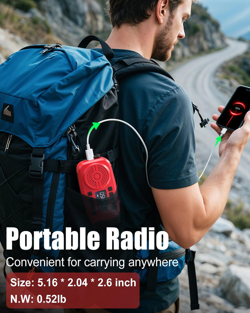 Runningsnail Emergency Weather Radio, 7400mWh Hand Crank Emergency Radio with LCD Display, Support Weather Alert Radio, USB/Solar/Hand Crank, 1W Flashlight & SOS Alarm for Outdoor & Home Emergency Red
