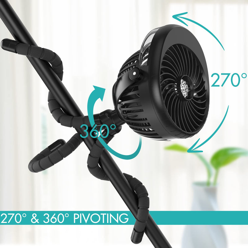 Misting Stroller Fan, 2500mAh Battery Powered Personal Desk Air Circulator Fan with Flexible Tripod, Ultra Quiet 3 Speed 270° & 360° Rotatable USB Fan for Stroller Office Camping Hurricane Outage,Black Black