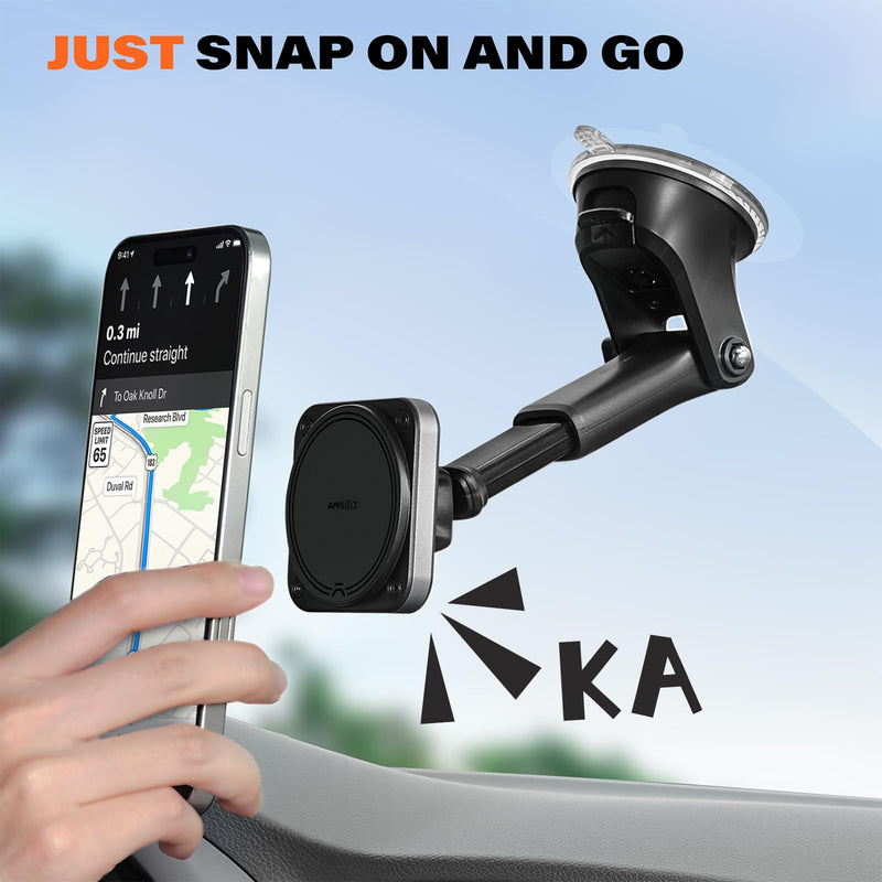 APPS2Car Magnetic Car Mount for MagSafe, Dashboard and Windshield Holder | With Telescopic Arm, Magnetic Phone Holder for Your Car, Designed for iPhone MagSafe Case Dark Black