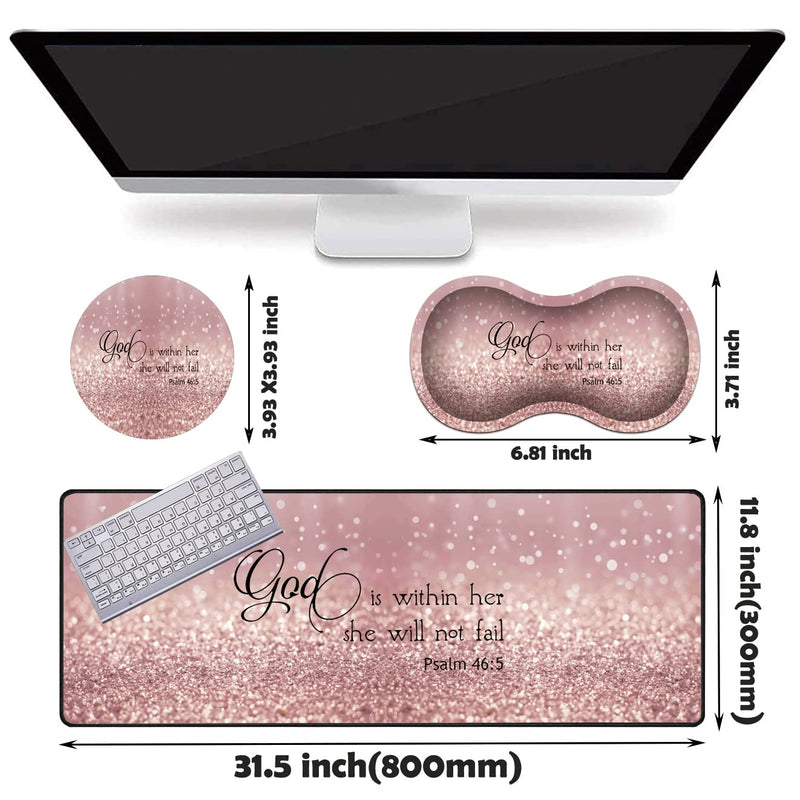 XMTMR-Glass Extended Gaming Mouse Pad with Seam, Long XL Desktop Keyboard Pad, Suitable for Work/Game/Office/Home, Butterfly Wrist Rest Pad and Coaster, Pink Glitter Quotes Psalm 46:5 Xg-g4-bc 001