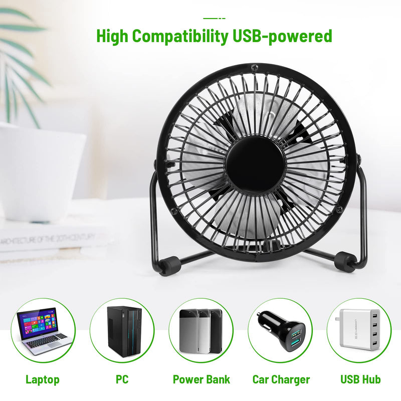 Small Desk Fan, 4 Inch USB Fan Powered by USB, 360° Rotation - Small Fans for Bedroom, Office, Table - Ultra-quiet Personal Cooling Fan with Metal Construction Black
