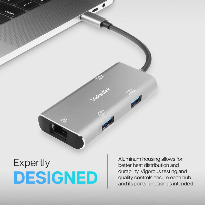 VisionTek USB-C Hub, 3-Port, Gigabit Ethernet Adapter, 10Gbps USB-C & USB-A | Plug and Play, 10Gbps 3-Port USB C Hub, 1x USB-C & 2x USB-A Data Adapter, Driverless Dongle for MacBook, Laptop & PC