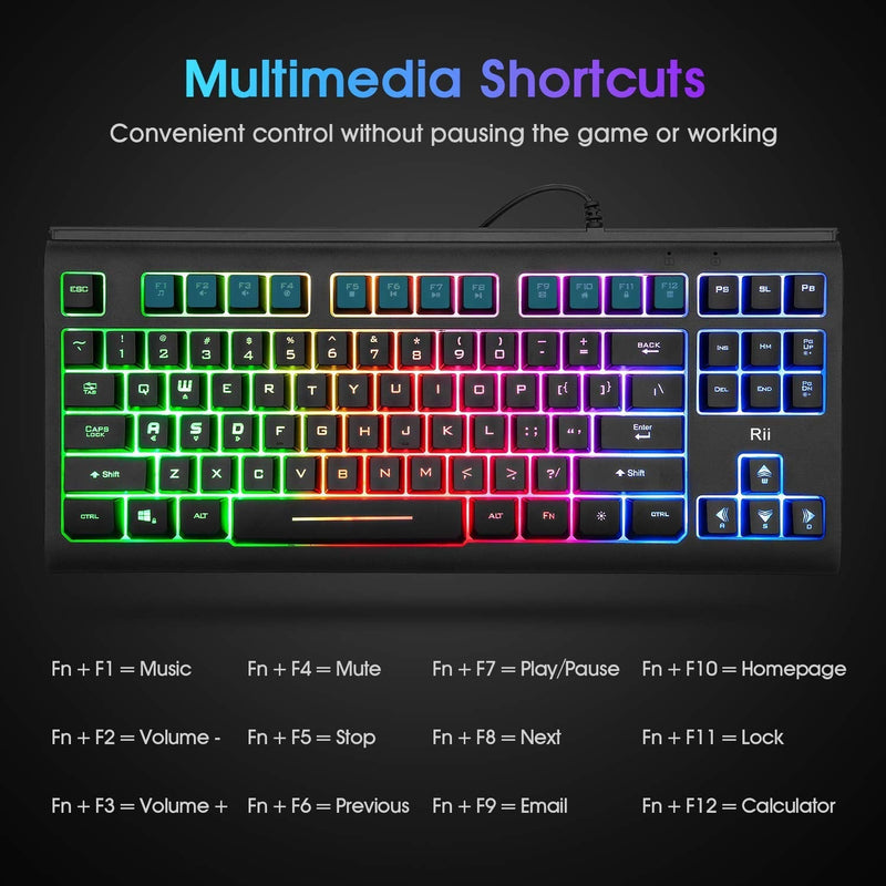 Rii Primer RGB Compact Gaming Office Keyboard RK104,Backlight Keyboard,Small 87 Keys No Number Pad Keyboard for Windows PC Laptop Desktop