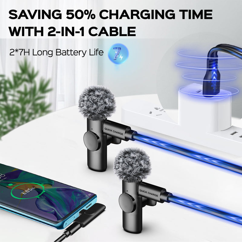 2 Packs Wireless Lavalier Microphone for iPhone 15/iPad/Android/Phone/PC/Laptop, Plug-Play Mini Mic with Noise Reduction, Lapel USB C Microphone for Video Recording, Interview, Vlogging 2-Pack