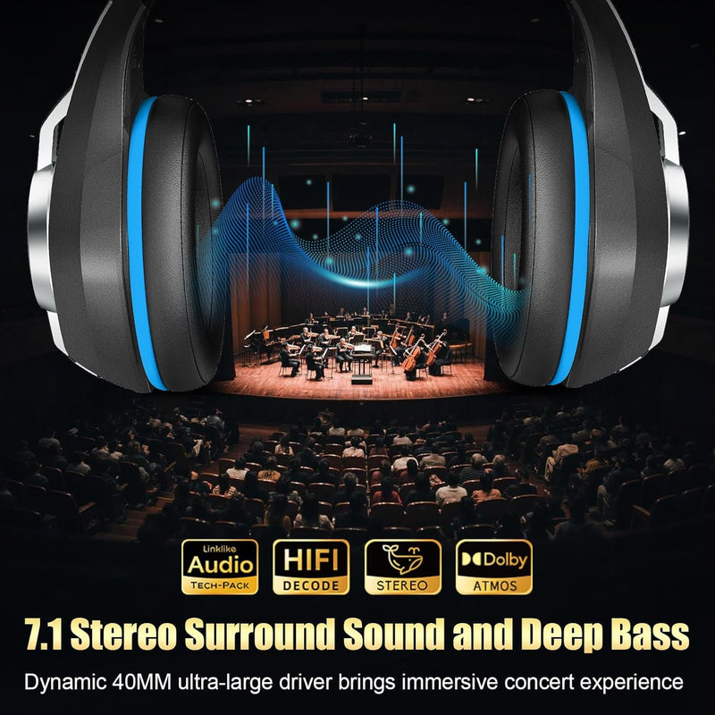 2.4GHz Wireless Gaming Headsets for PS5/PS4/Switch, 2026 RGB Noise Cancelling Headphones with Mics, 4-in-1 Connection, 7.1 Surround Sound, 40mm Drivers, Memory Foam, 45H Wireless Gaming Headphones