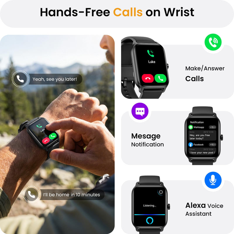 Fitpolo Smart Watches for Men Android & iPhone, Alexa Built-in [1.8" HD Screen] IP68 Waterproof Fitness Watch with Bluetooth Call (Answer/Make), Heart Rate/Sleep/SpO2 Monitor, 105+ Sports Tracker Black