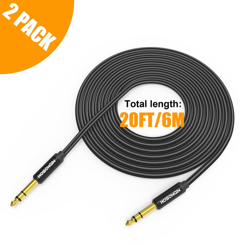 HOSONGIN 1/4 Inch TRS Instrument Cable 20ft 2-Pack [Nylon Braided Shielded], 1/4 Inch to 1/4 inch TRS Male to Male Plug Stereo Audio Cord, Quarter Inch 6.35mm Balanced Interconnect Line - 20 feet 1/4" TRS Cable - 2 Pack
