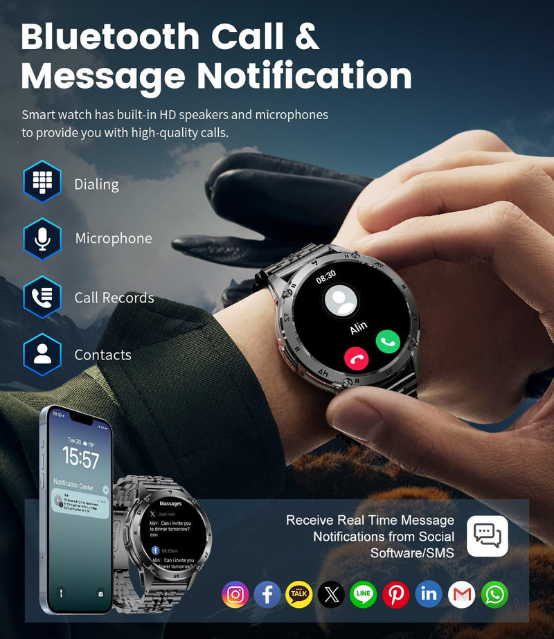 LIGE Military Smart Watch for Men iPhone Android 1.43" HD Amoled Rugged 120+ Sport Modes IP68 Waterproof Answer/Make Call Fitness Running Heart Rate Blood Pressure Health Mens Smartwatch EF6-E Gun Black Black