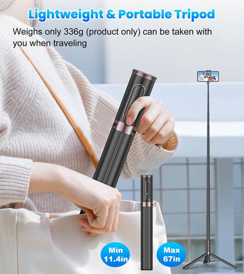 TONEOF 67" Cell Phone Selfie Stick Tripod,Smartphone Tripod Stand All-in-1 with Integrated Wireless Remote,Portable,Lightweight,Extendable Phone Tripod for iPhone/Android(Black) 67“ Black