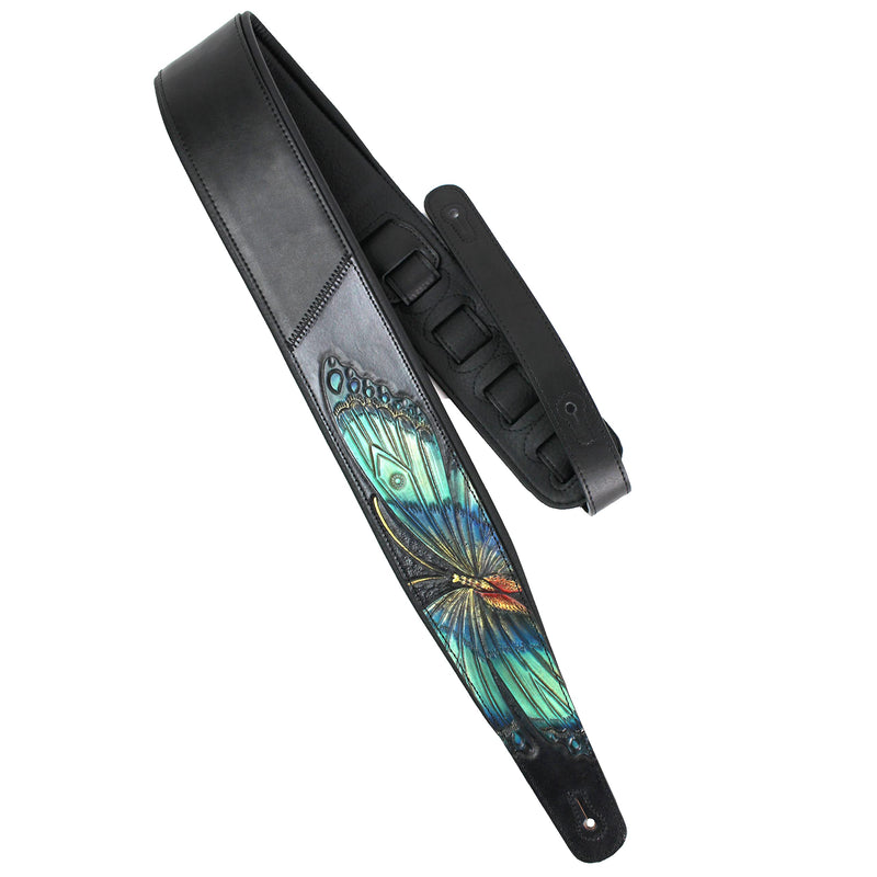 Walker And Williams KB-57 Handmade Large Vivid Blue Butterfly Padded Guitar Strap Hand Carved On Premium Black Carving Leather For Acoustic, Electric, And Bass Guitars