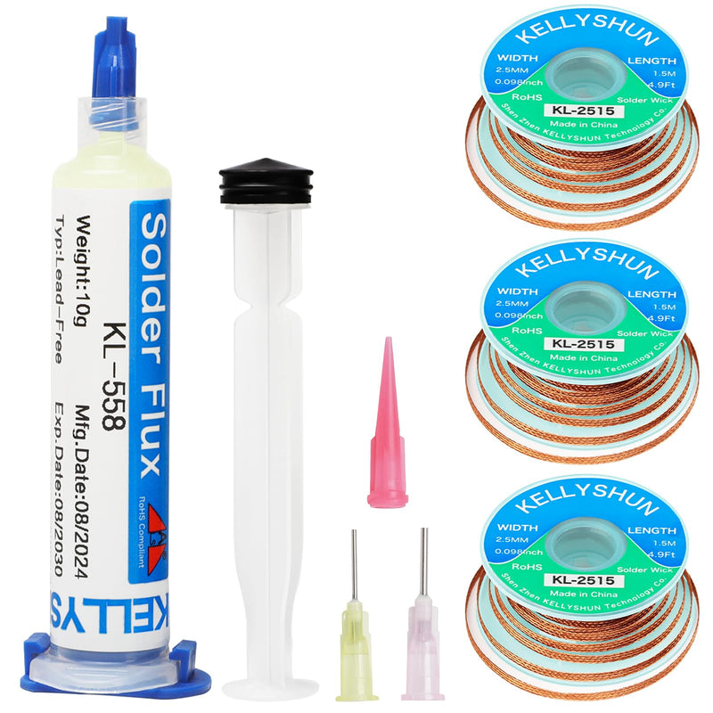 KELLYSHUN KL-558 Flux Soldering, 10 ml No-Clean Lead-Free Rosin Flux (1 Piece) 2.5 mm / 1.5 m Desoldering Braid (Pack of 3) Suitable for Mobile Phone Soldering, BGA, Household Appliance Repairs Flux (1 piece) desoldering braid (3 pieces)