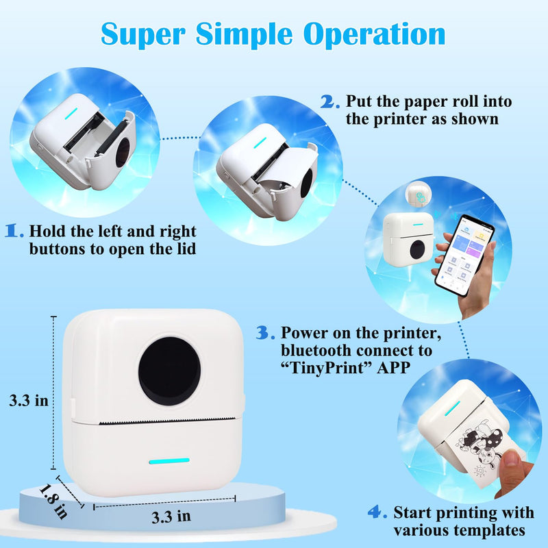 Mini Portable Printer, Inkless Sticker Printer with 12 Rolls Paper, Mini Thermal Printer for Notes/Photos/Stickers/Labels/Receipts, Pocket Printer for iPhone, Android Phone & Tablet, White