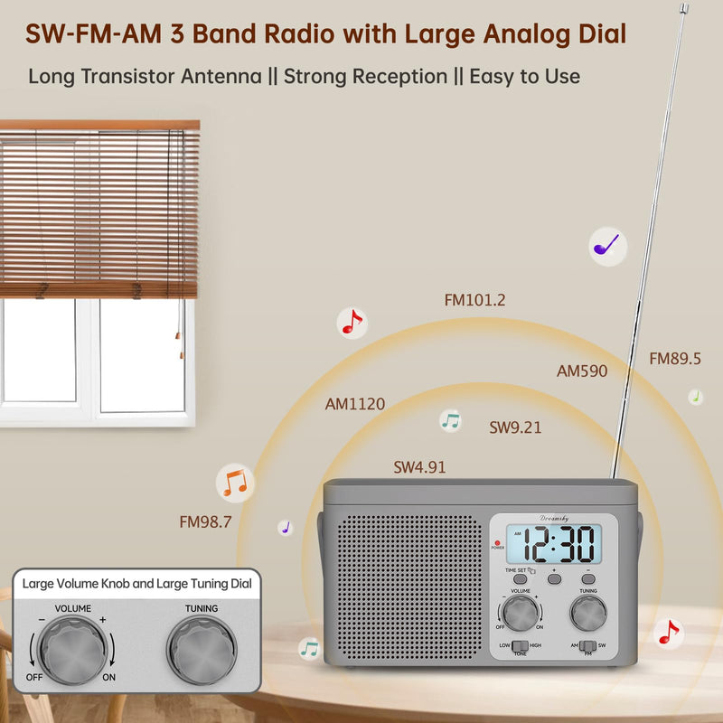 DreamSky AM FM Radio Portable - Shortwave Radio Battery Powered or Plug in Wall for Home Outdoor, Strong Reception, Large Dial Easy to Use, Digital Time Display, Transistor Antenna, Seniors Small Gift Grey
