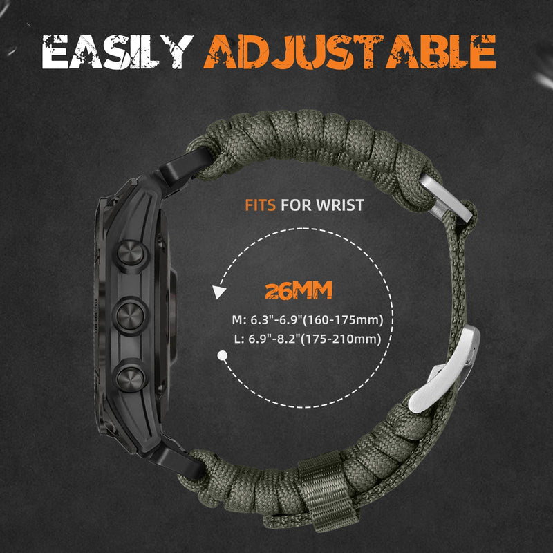 Bandletic Paracord Band Compatible with Garmin Watch Quick Fit 26mm | Hand-Woven 550 Paracord Build Softens with Wear, For Fenix 8 51mm/7X Pro/6X Pro/5X Plus/3 HR/Instinct 3 50mm/Tactix/Enduro Army Green Medium(6.3"-6.9")