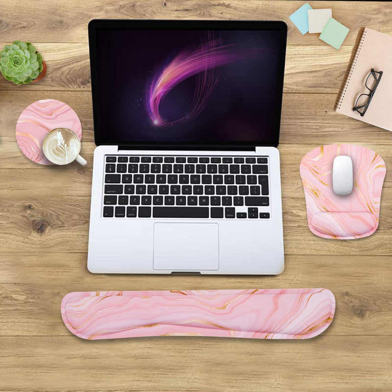 Memory Foam Ergonomic Keyboard Wrist Rest Pad and Mouse Wrist Rest Support Mouse Pad Set with Non-Slip Rubber Base Set for Office Gaming Easy Typing & Pain Relief-Pink Marble Pink Marble