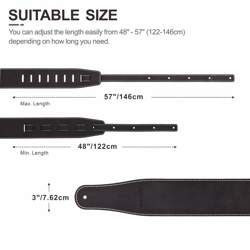 Nefelibata Guitar Strap, 3-inch Wide Full Grain Leather, Extra Wide Lightweight and Soft for Men and Women for Acoustic, Bass and Electric Guitar Frosted Black