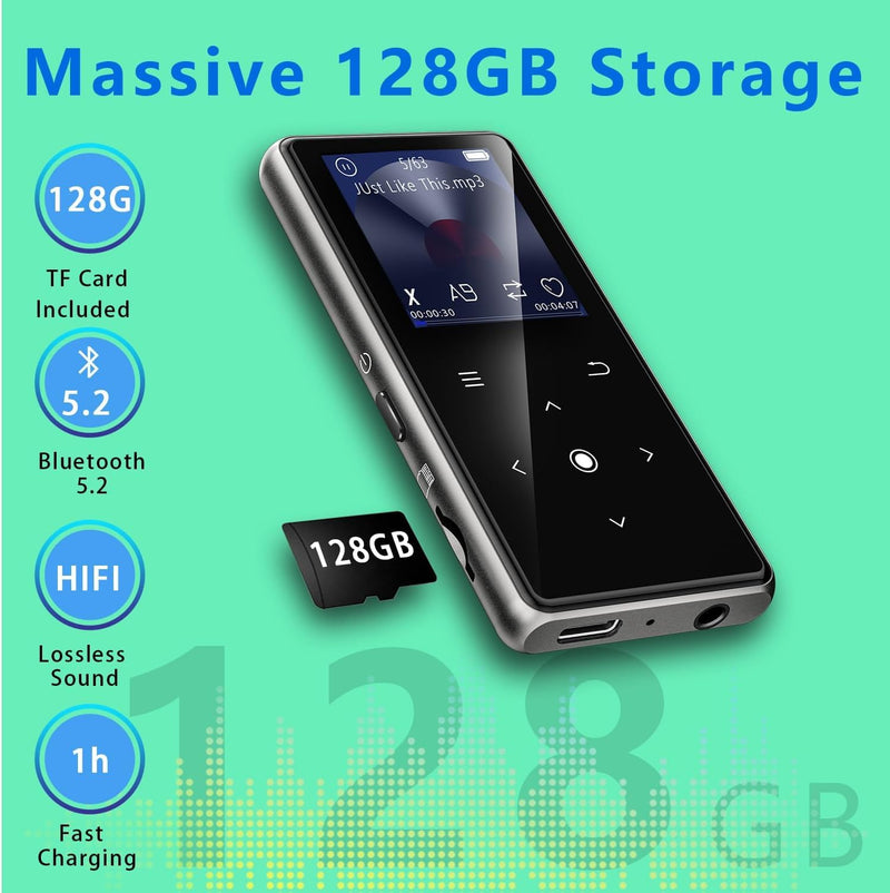 128GB MP3 Player with Bluetooth 5.2, AiMoonsa Music Player with Built-in HD Speaker, FM Radio, Voice Recorder, HiFi Sound, E-Book, Earphones Included Black - 128GB