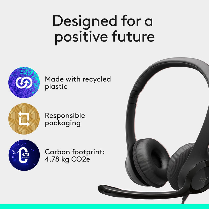 Logitech H390 Wired Headset for PC/Laptop, Stereo Headphones with Noise Cancelling Microphone, USB-A, in-Line Controls, Works with Chromebook - Black 1 Pack