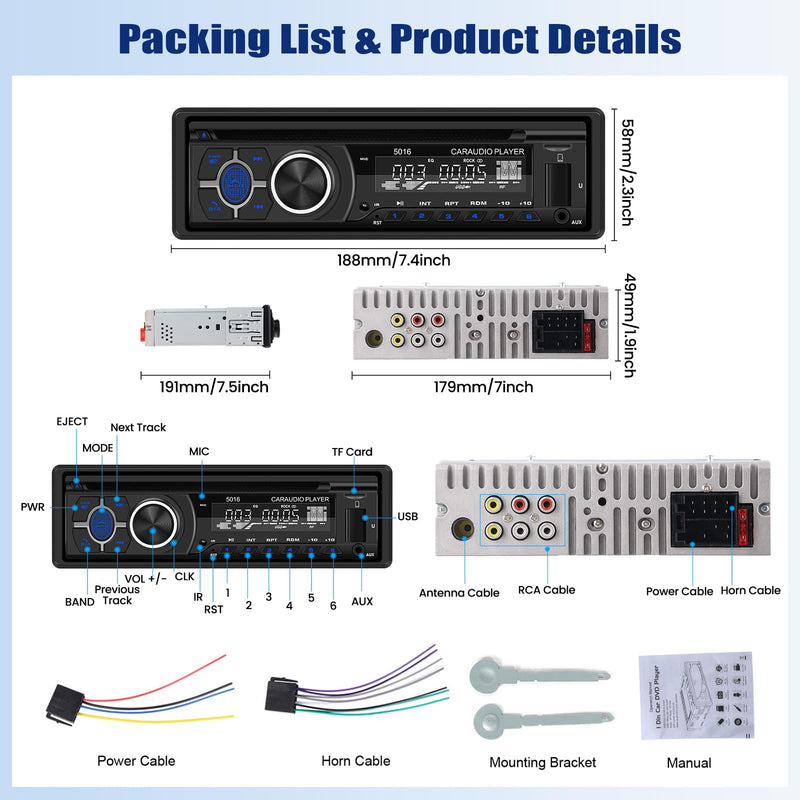 SIXWIN Single Din Car Stereo with Double BT Voice Assistant Find Car Function Audio Recording APP Control FM AM CD DVD Car MP3 Player USB AUX Port Car Audio System P3-support DVD