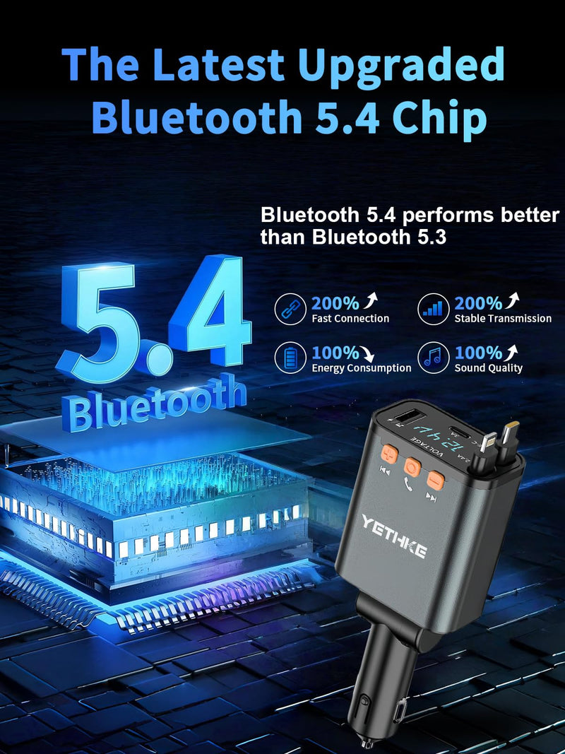 [AUSTRALIA] - Bluetooth Car Adapter with Retractable Charger, FM Transmitter Bluetooth 5.4 for Cars, 4 in 1 Fast Car Phone Charger 69W, Handsfree Call, 2*Retractable Cable for iPhone 17/16/15/14, Galaxy-Black Black 