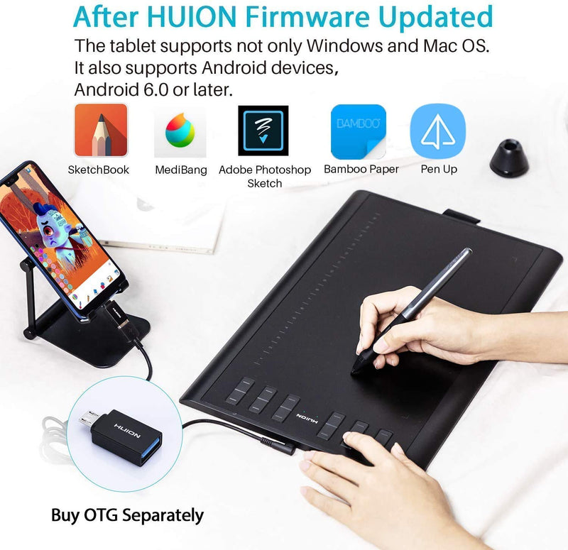 Huion Inspiroy H1060P Graphics Drawing Tablet with Digital Pen PW100 and Skeleton Glove, OTG Adapters Included