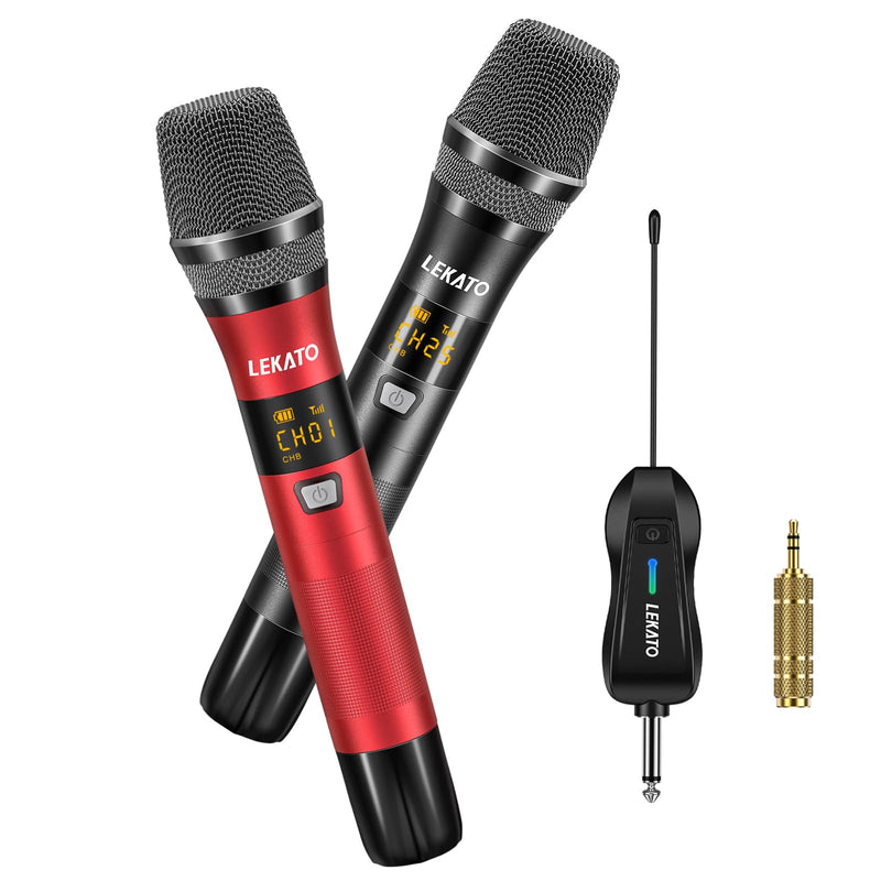 LEKATO Wireless Microphone Rechargeable Wireless Microphones with Receiver Dual Handheld Microphone System Dynamic MIC for Singing, Speech, Wedding, Church,Speaker, PA System Black&Red