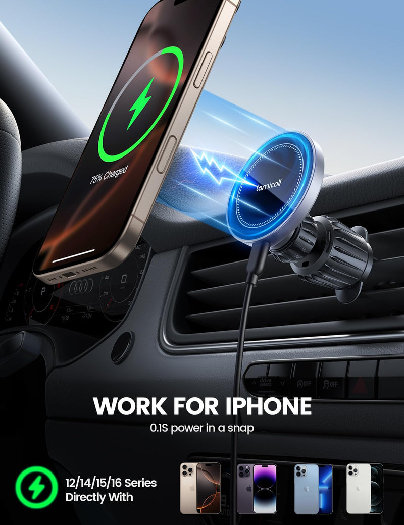 Lamicall 15W for MagSafe Car Mount Charger Vent Dashboard 360° for iPhone | 20x Strong Magnets Wireless Car Phone Holder Charger Phone Holder Accessories for Women Men for iPhone 17 16 Pro Max Silver NEW Upgraded - Silver